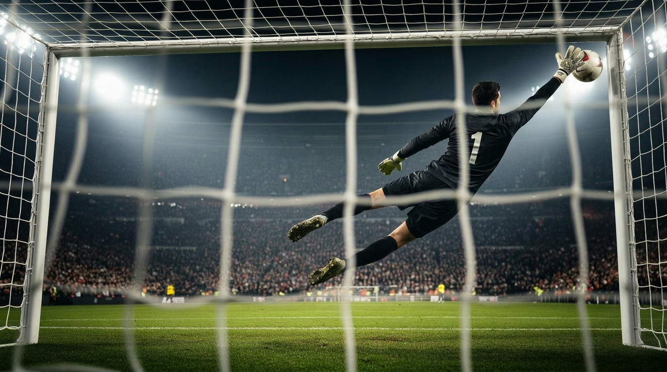 Goalkeeper diving for a save under stadium floodlights